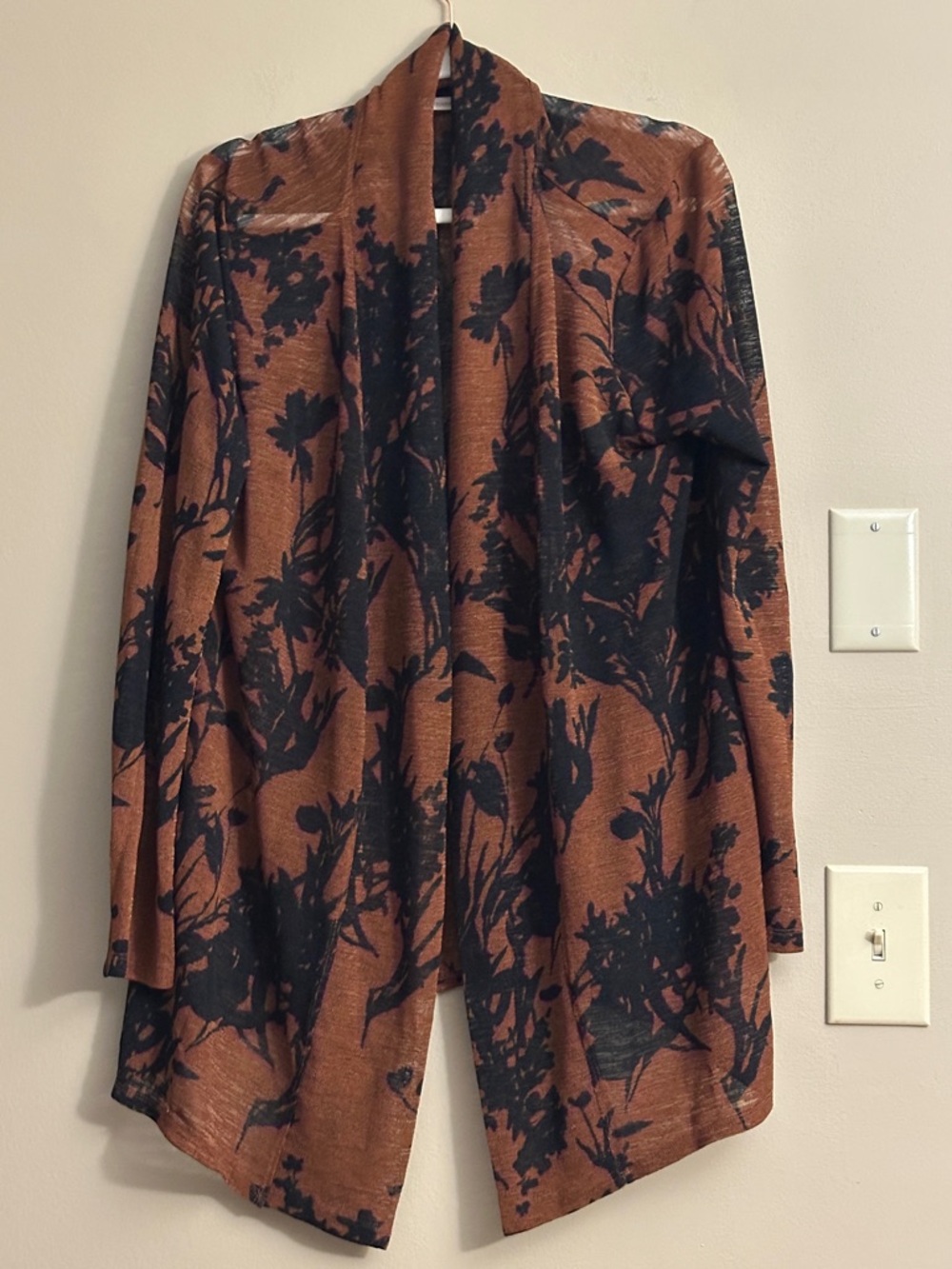 Open Front Floral Waterfall Cardigan - Black on Rust